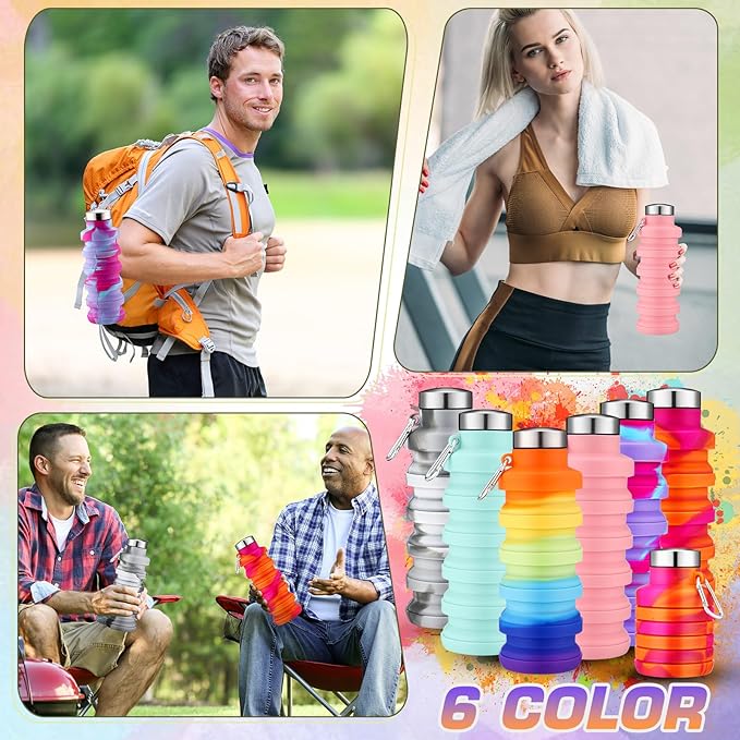 Sunnyray Collapsible Water Bottles Bulk Foldable Water Bottles 17oz Silicone Portable Leak Proof Reusable Sports with Clip for Travel Hiking Camping Outdoor(Tie-dye,20 Pack)