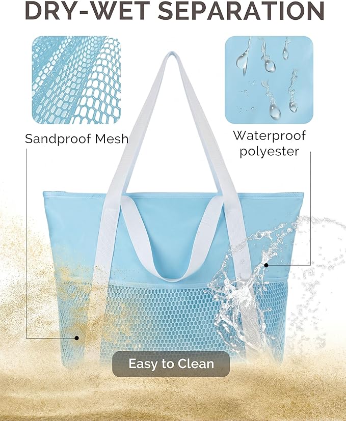 HOMESPON Beach Bag Large Waterproof Sandproof Tote for Women with Zipper and Mesh Pockets