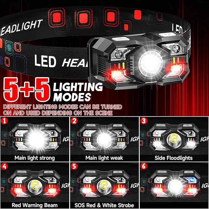Headlamp Rechargeable 90Pack, 3000 Lumen Ultra-Light Bright Headlamp Flashlight with White Red Light, LED Headlight, 5+5 Mode for Outdoor Camping Fishing Running Hiking (90)