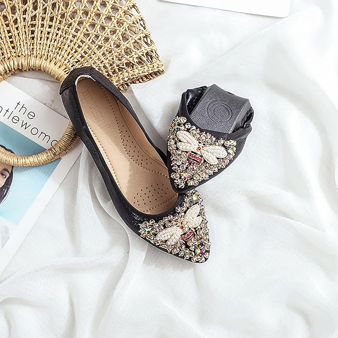 Women Ballet Flats Sparkly Rhinestone Wedding Ballerina Shoes Pointed Toe Foldable Comfort Slip on Flat Dress Shoes