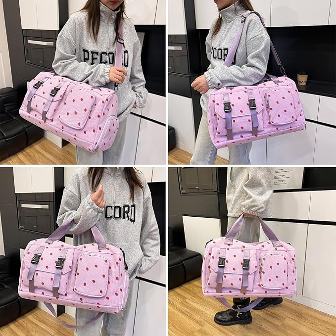 MYHOZEE Strawberry Corduroy Duffel Bag for Women, Gym Bag with Shoe Compartment & Wet Dry Pocket, Lightweight Travel Bag with Adjustable Strap, Sports Weekender Overnight Bag for Work Swimming Yoga
