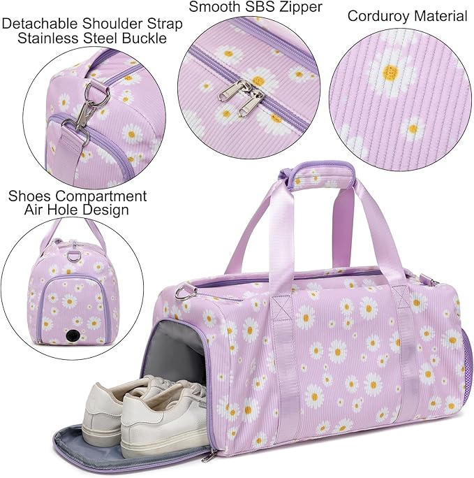 Dance Ballet Bag for Girls Teen Travel Duffel Sports Gym Yoga Cheer Weekender Corduroy Daisy Dance Bags with Shoe Compartments（purple daisy）
