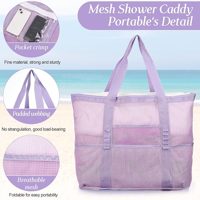 Hillban Large Beach Mesh Bags Bulk for Women Beach Tote Bag with 8 Pocket Zipper Waterproof Sandproof for Pool Cruise Ship