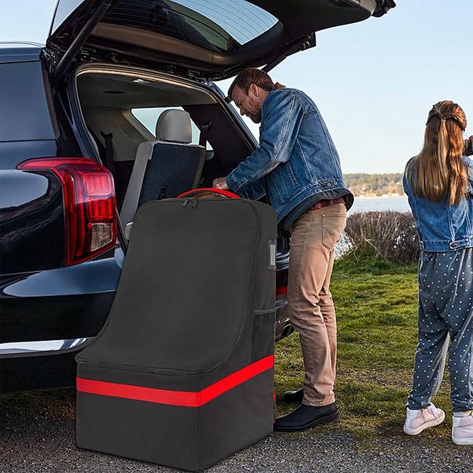 Padded Car Seat Travel Bag for Airplane, Heavy Duty Car Seat Bag for Air Travel Gate Check Carseat Carrier Bag with Shoulder Strap, Fits Most Baby & Infant Car Seats (Black Red)