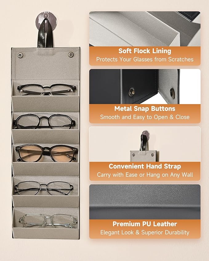 CO-Z Travel Sunglasses Organizer, Foldable Travel Sunglass Case with 5 Slots for Multiple Pairs, Portable Eyeglasses Holder