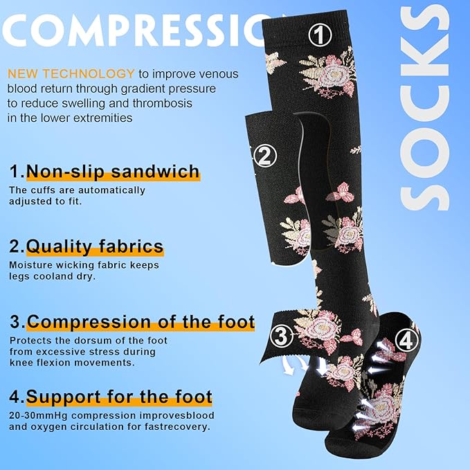 bropite Flora Compression Socks for Women & Men-Knee high 6 Pairs 20-30mmhg Support Running Nurse Travel