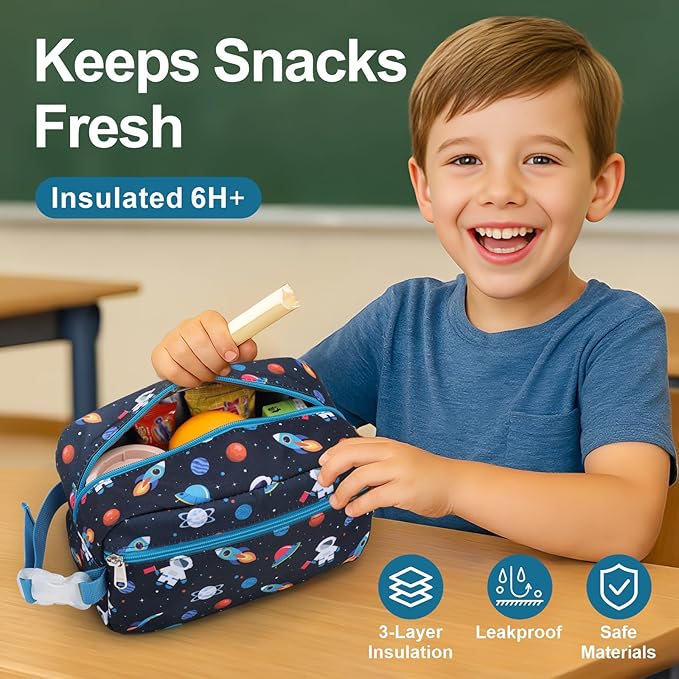 Bagseri Kids Snack Bag Boys - Small Reusable Mini Cooler Pouch, Insulated 3.9L Food Carrier with Buckle Handle for School and Daycare, Fits in Backpack, Blue Space Astronauts