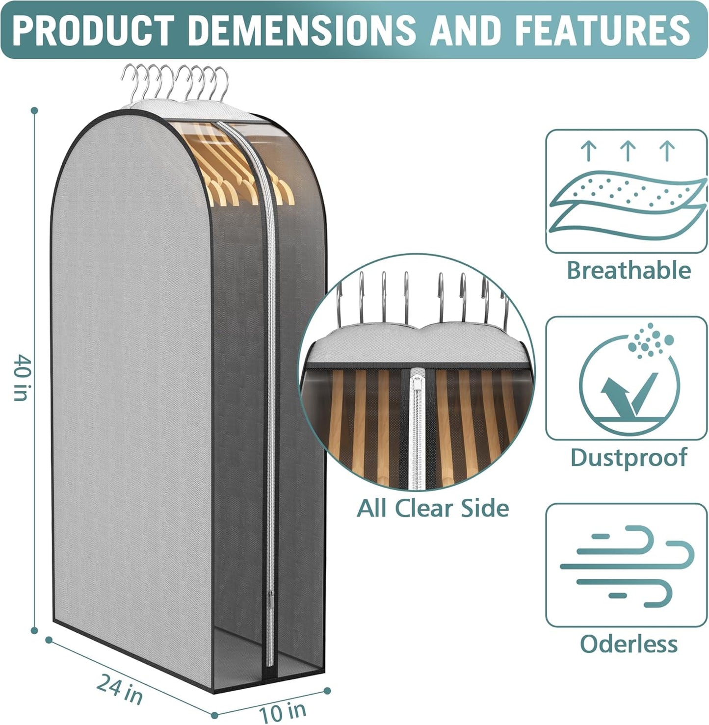 10" Gusseted Garment Bags for Hanging Clothes 40" Suit Bags for Open Closet Storage, Side Clear Clothing Cover for Coat, Dress, Jacket, Shirt, Fur Wardrobe Protector, 3 Packs, Grey