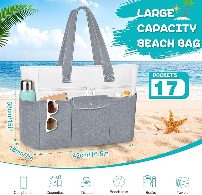 Beach Bags for Women Large Canvas Beach Tote with Zipper Wet Pocket, Waterproof Foldable Swim Pool Travel Tote Bags