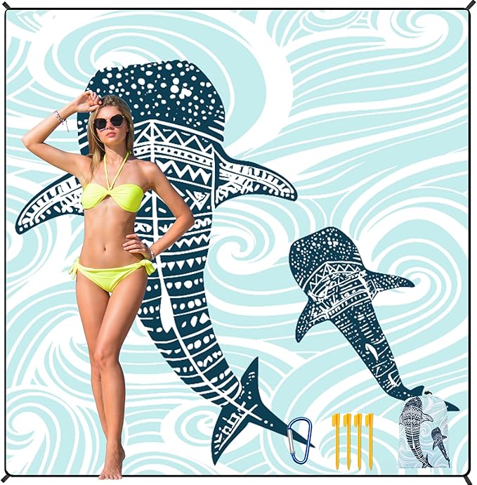Beach Blanket Waterproof Sandproof Beach Mat 79”x 83” for 1-8 Adults Quick Drying Durable Outdoor Picnic Mat for Beach Festival Travel Camping Hiking (Whale, 79"×83"(4 Person))