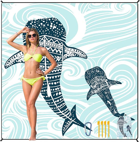 Beach Blanket Waterproof Sandproof Beach Mat 79”x 83” for 1-8 Adults Quick Drying Durable Outdoor Picnic Mat for Beach Festival Travel Camping Hiking (Whale, 79"×83"(4 Person))