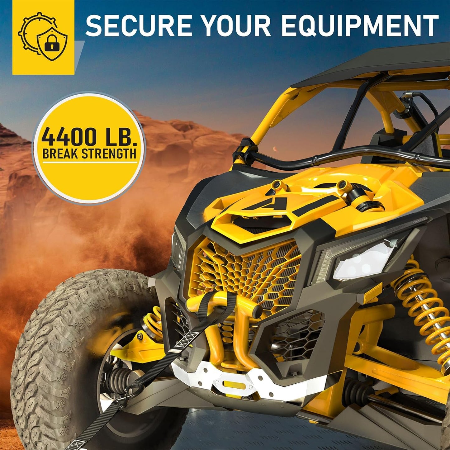 AUGO Heavy Duty Ratchet Straps & Soft Loops – Pack of 4 Extra Strong 1.5” by 15’ Ratchet Straps w/S-Hook Safety Latches & 4 Soft Loop Tie Downs – 4400Lb Break Strength for Motorcycles, ATVs, Etc.