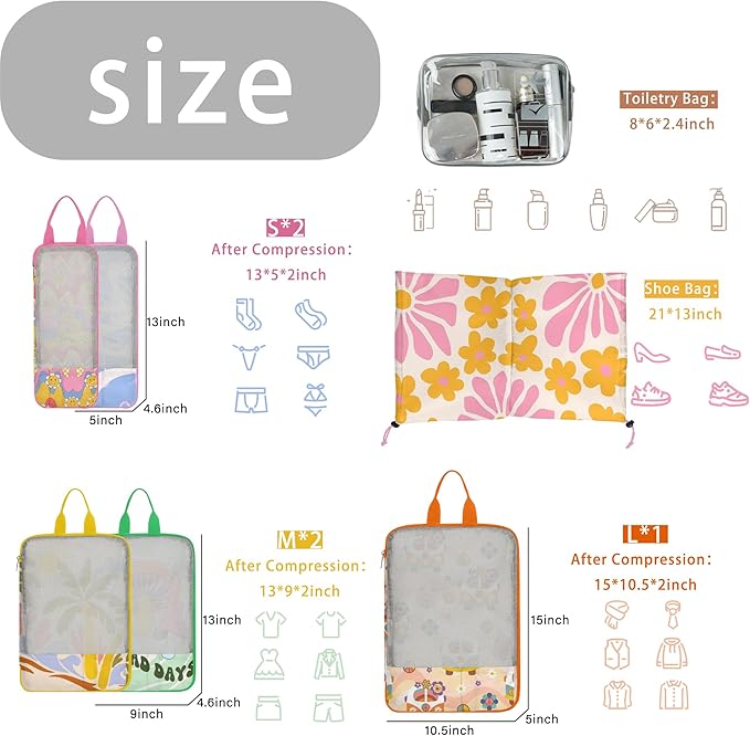 7 Pcs Compression Packing Cubes Travel for Suitcases, Luggage Organizer Washable Storage Bags Set for Backpack Travel- Packaging Cubes for Carry-Ons and Storage