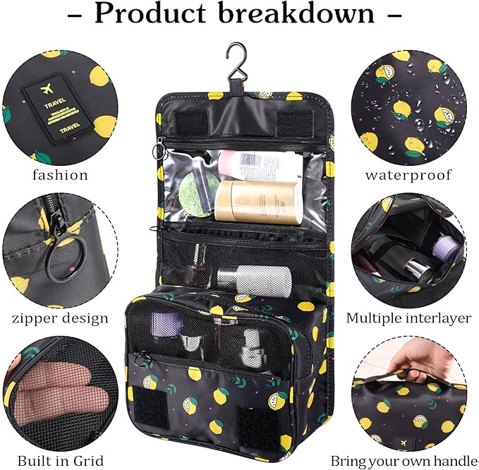 Pengxiaomei Toiletry Bag, Waterproof Hanging Cosmetic Bag Portable Travel Makeup Pouch Bathroom Bag Stocking Stuffers for Women Christmas Gifts(Black Lemon)
