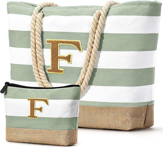 Becokan Beach Bag Initial Beach Tote with Makeup Bag for Travel Work Storage Personalized Birthday Gifts for Women Her