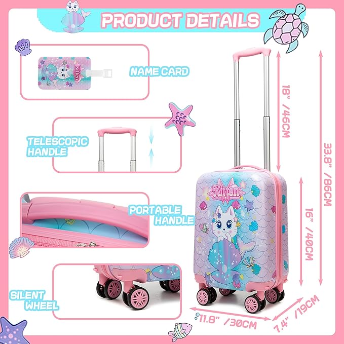 Suitcase for Kids 16inch 5pcs Luggage Set for Girls Travel Suitcase Hard Shell Luggage Sets with Spinner Wheels Carry on Luggage Airline Approved