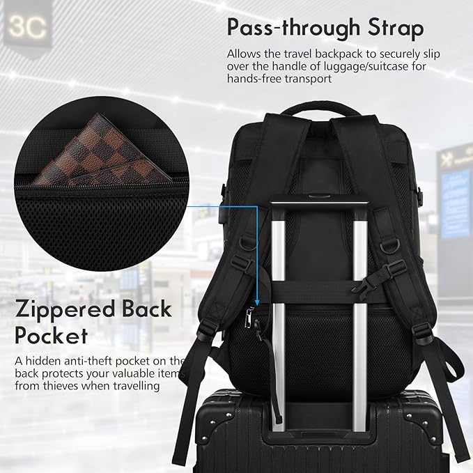 MOMUVO Carry On Backpack for Women, Flight Approved Large Travel Laptop Backpack with USB Charge Port, 17 Inch Water Resistant Luggage Travel Bag for Weekender Business, Black