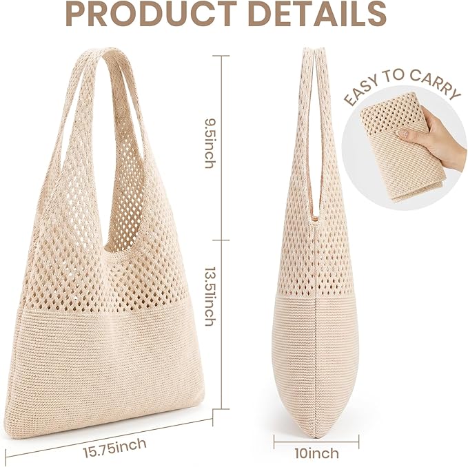 SUOSDEY Crochet Mesh Beach Tote Bag, Knit Summer Vacation Aesthetic Boho Tote Bag for Women