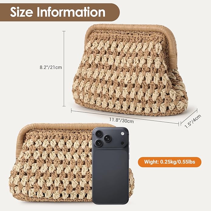 Clothirily Straw Clutch Purses for Women, Cloud Dumpling Woven Bag with Detachable Chain, Beach Crossbody Shoulder Handbag