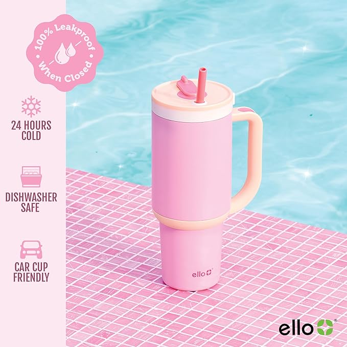 Ello Oasis 24 oz Tumbler with Handle & Retracting Straw | Reusable Insulated Stainless Steel Cup 100% Leakproof, Gifts for Teens Women Men | Keeps cold for 24 Hours, Cup Holder Friendly, Sunrise Glow