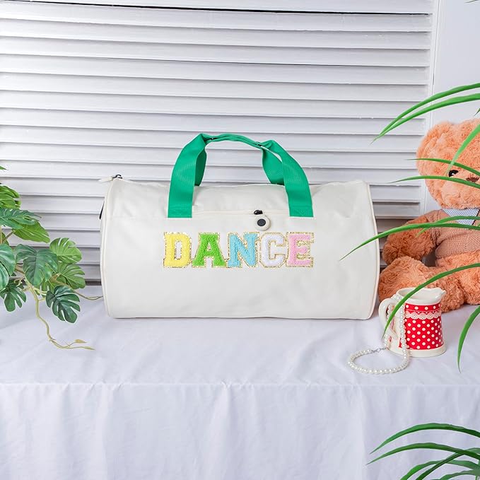Dance Duffle Bag for Girls,Toddler Teens with Chenille Patches,Cute Ballet, Cheer, Gymnastics Class Bag for Kids, Toddler Girls,Teens,16.5"Lx9"Wx9"H Large Capacity Overnight Travel Bag (Green&Cream)