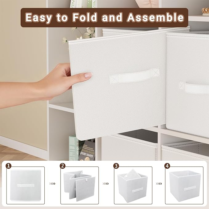 Cube Storage Bins, 11 Inch Fabric Organizers with Handles - Foldable Collapsible Storage Cubes for Shelves, Bedroom, Closet, Cabinet, Bookcase, or Office (White, Pack of 3)
