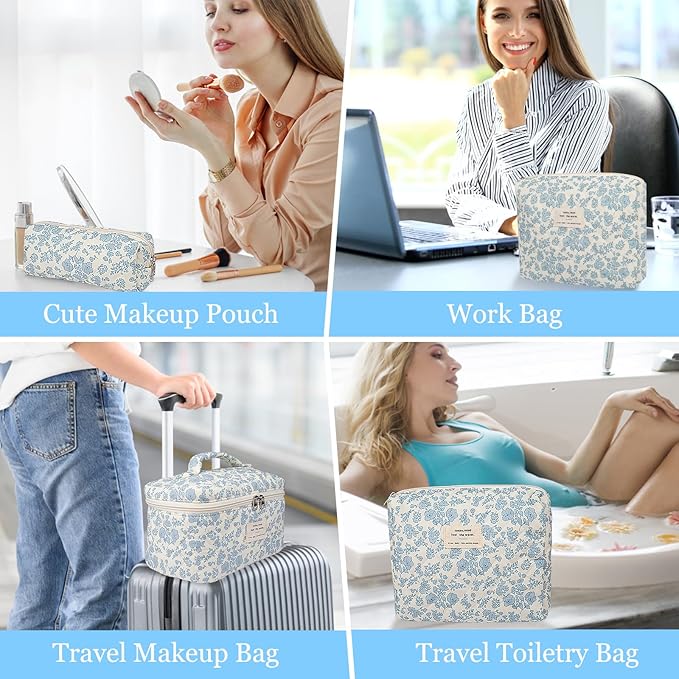 Quilted Makeup Bag Set, Large Floral Cosmetic Bag for Women, Cute Cotton Makeup Bag, Flower Travel Toiletry Organizer Bag(Color-Coded Floral)