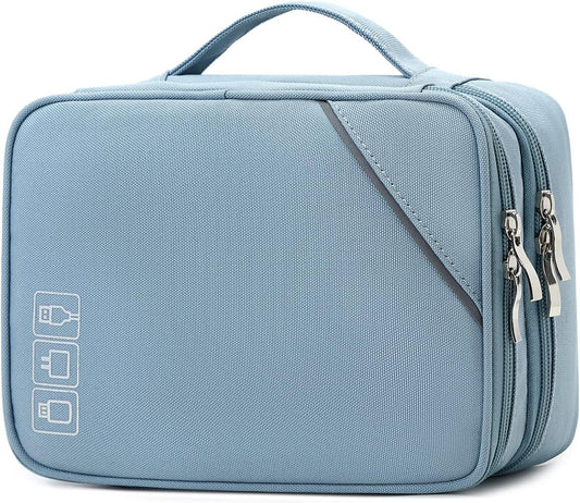 Lanola Electronic Accessories Case,Electronics Travel Organizer, Portable Double Layer Cable Storage Bag for Cord, Charger, Flash Drive, Phone, SD Card,Flash Drive,Adapter - Light Blue