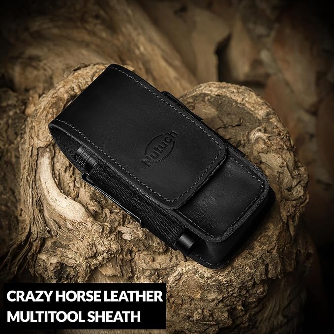 Leather EDC Multitool Sheath with Flip Closure | Leather EDC Belt Organizer | Flashlight Holster | Heavy Duty Multitool Organizer