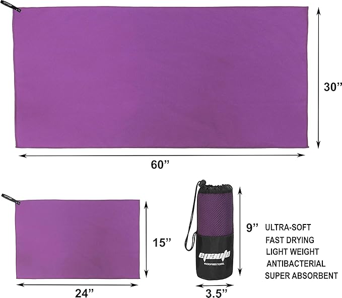 EPAuto Microfiber Fast Drying Towels 2-Pack (60" x 30", 24" x 15") for Travel, Gym, Camping, Beach and Backpacking, Purple