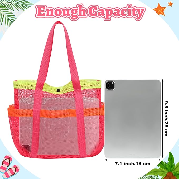 Mesh Beach Bag, Foldable Waterproof Sandproof Beach Storage Tote with 6 Pockets, Swim Tropical Vacation Pool Essential