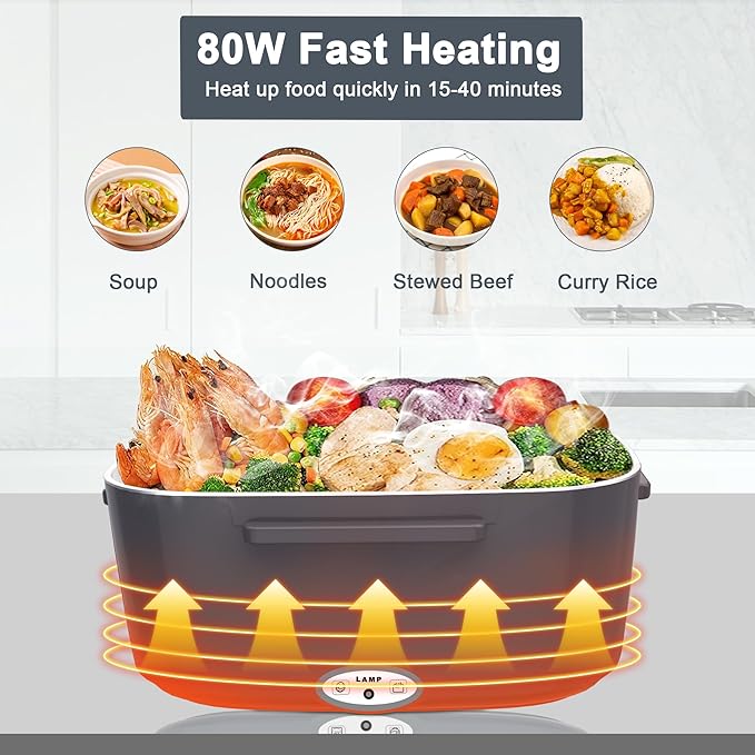 Electric Heated Lunch Boxes Adults: 80W Electric Lunch Box Food Heated 12/24/110V 1.5L Heatable Lunch Box for Car/Truck/Office Leak-Proof Stainless Steel Container, Fork & Spoon, Bag (Dark Grey)