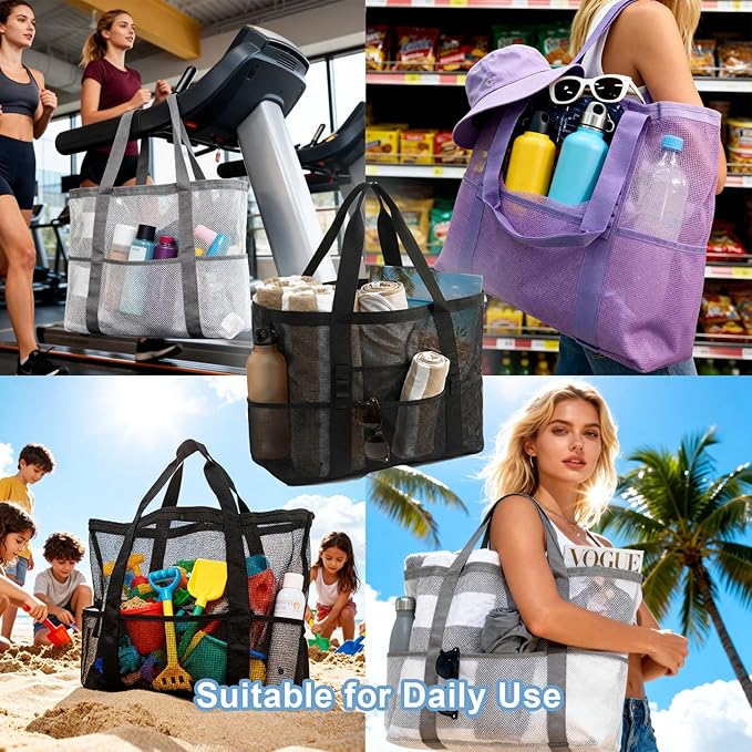 Mesh Beach Bag-Large Beach Tote for Women with Zipper Pocket, pool cruise travel swim, Toys & Vacation Essentials