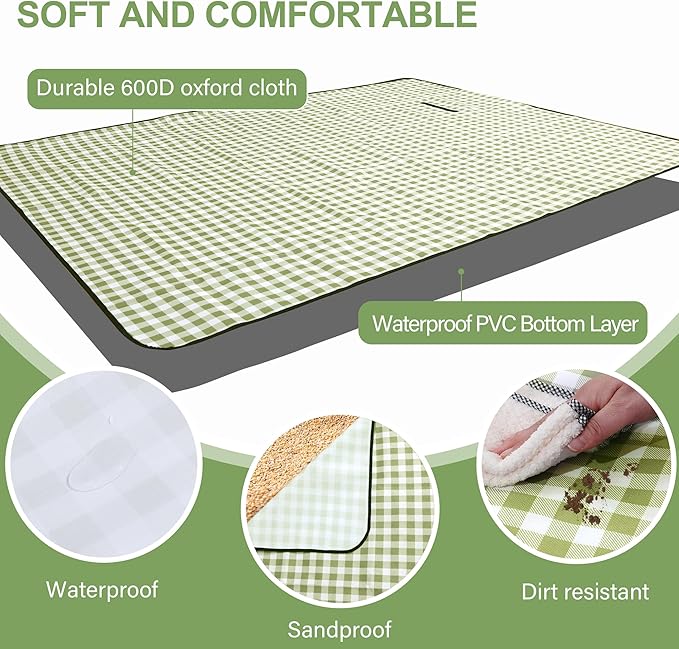 HX&OD Picnic Blanket Outdoor Extra Large Picnic Mat 80"X60" Camping Blanket Beach Blanket Foldable Waterproof Sand Mat Hiking Travel Family Concerts(Green)