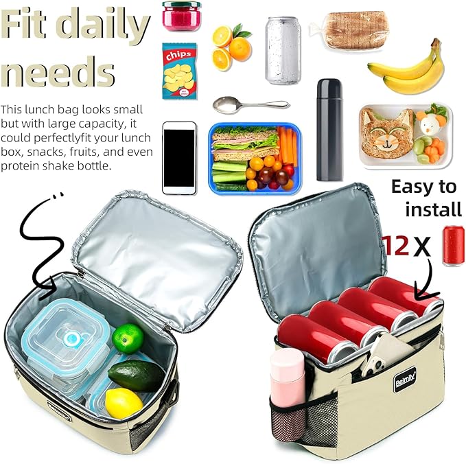 BEIMILY Lunch Box for Men/Women,Small Insulated Lunch Bag,Reusable LunchBox for work Picnic Beach,Leakproof Soft Cooler Tote Bag Organizer with Adjustable Shoulder Strap for Adults (Light Khaki)