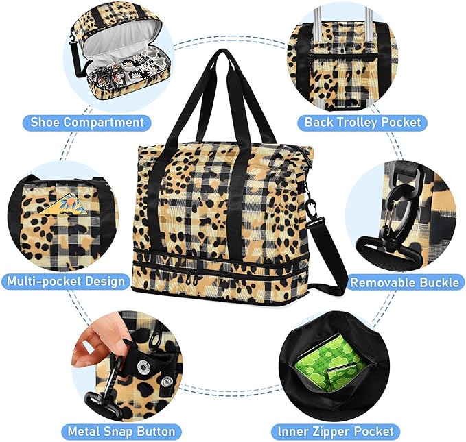 Gym Bag Duffel Bags Checkered Leopard Print Carry On Weekender Bag Set with Shoes Compartment for Travel Sports Yoga