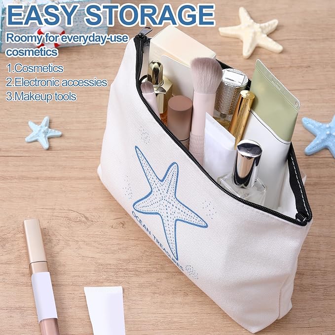 4 Pack Coastal Cosmetic Bags Beach Themed Gifts Starfish Seashell Conch Coral Makeup Pouches Zippered Travel Toiletry Bags for Women Beach Summer Trip Organizer Set(Simple)