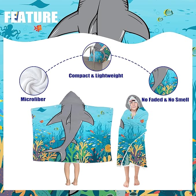 Shark Hooded Beach Towel for Boys, Soft & Absorbent Shark Poncho Towel for Kids, Cool Ocean Animal Design, 30”x50” Blue Shark Hooded Bathrobe for Pool, Swim, and Bath Time