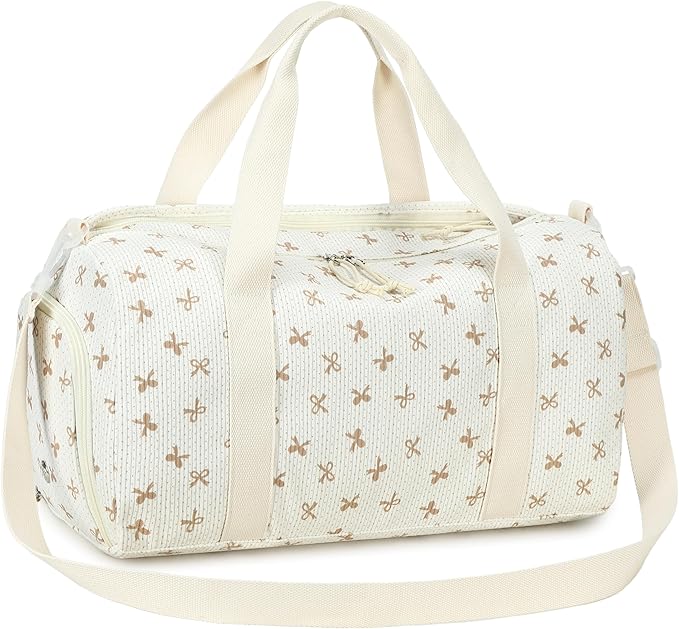 Gym Bag Sports Duffle Bag with Wet Pocket Weekender Overnight Bags with Waterproof Shoe Pouch and Air Hole for Girls Kids Women Workout Travel Bags (Brown Bow - Beige)