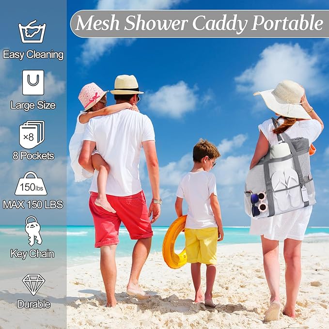 Hillban Large Beach Mesh Bags Bulk for Women Beach Tote Bag with 8 Pocket Zipper Waterproof Sandproof for Pool Cruise Ship