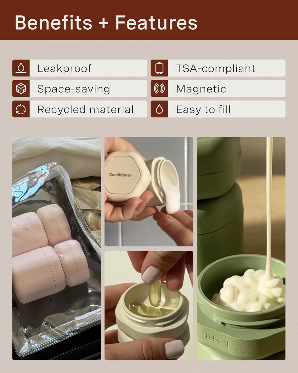 Cadence Travel Containers - Daily Routine Capsule Set - Magnetic Containers with Lids,4 Flex Mediums (1.32oz) & 3 Flex Smalls (0.56oz) - Shampoo, Conditioner, Body Wash, Pills, & More - Petal