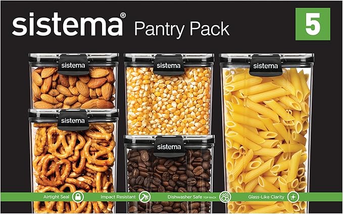Sistema Tritan Ultra Airtight Pantry & Kitchen Storage Containers, 5-Pack, Clear Stackable Square Food Storage, BPA-Free, Dishwasher & Freezer-Safe (Microwave-Safe Without Lid)