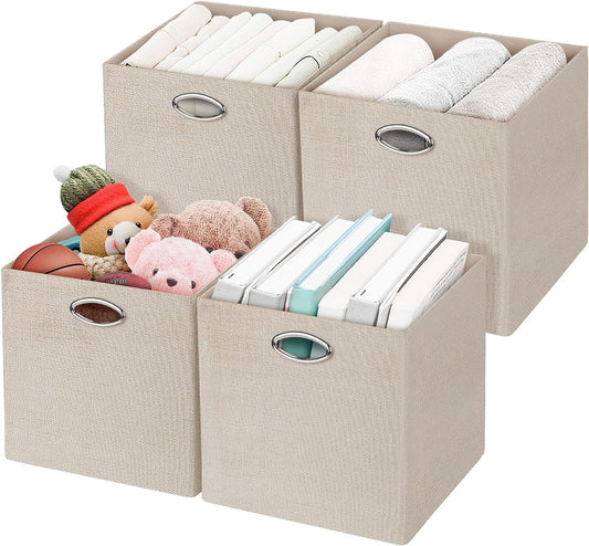 Posprica Storage Cubes, 12×12 Storage Bins, Fabric Drawers Organizer Basket, 4pcs, Beige