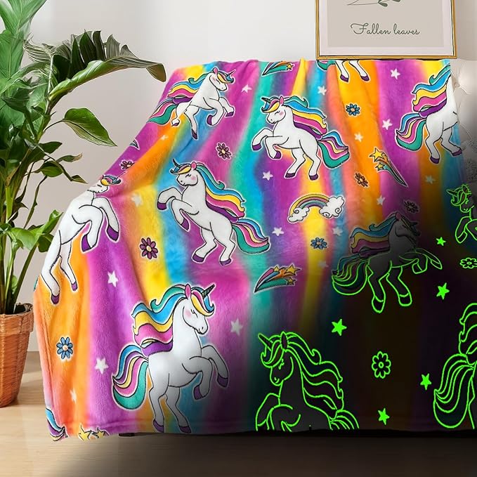 Unicorn Glow in The Dark Blankets for Girls, Kids Blankets for Baby/Toddler, Unicorns Gifts for Girls Age 1-12, Soft Fleece Blanket 50"x 60"