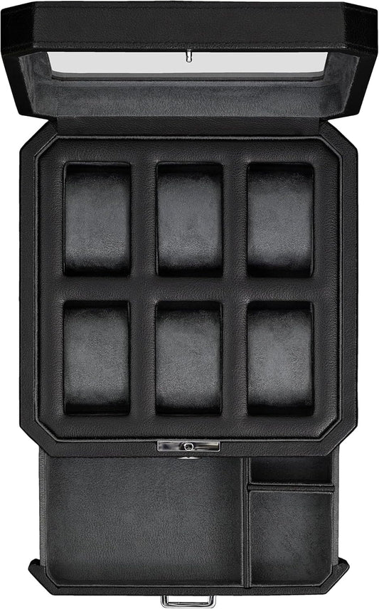 ROTHWELL 6 Slot Leather Watch Box with Valet Drawer - Luxury Watch Case Display Organizer, Microsuede Liner, Locking Mens Jewelry Watches Holder, Men's Storage Boxes With Large Glass Top (Black/Grey)