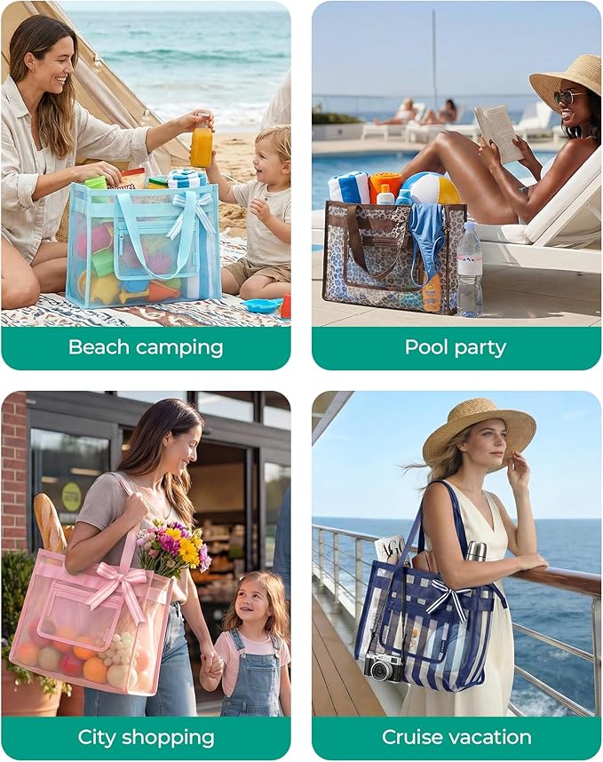 BAGSMART Mesh Beach Bag with Zipper Pocket, Large Beach Tote Bags for Women | for 40 oz Bottle, Removable Ribbon Bow, Sandproof & Washable, Cruise Essentials, for Swim, Pool, Gym, Vacation, Travel Bag