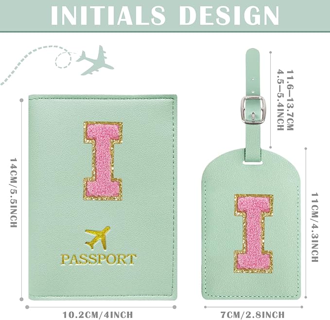 COSHAYSOO Initial Passport Cover Luggage Tag Set Letter Passport Holder Airplane Cruise Travel Essentials Vacation Traveling Accessories Personalized Gifts for Women Teen College Girls Teal I