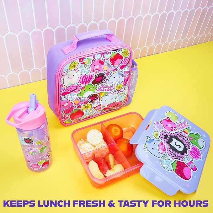 Get Trend Squishmallows Lunch Bag, Lunch Box, Water Bottle for Kids 3 Piece Set Bento Box, Insulated Snack Container, Meal Holder Gifts for Kids (Multi Squishmallows)