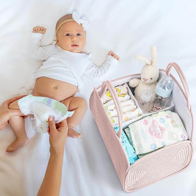 Diaper Caddy Organizer for Baby, Cotton Rope Baby Gift Basket,Portable Diaper Organizer for Changing Table,Diapers Nursery Storage Organizer for Travel,Camping,Darkpink Baby Shower Gifts for Newborn