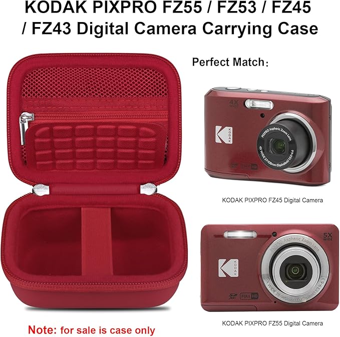 Elonbo Camera Carrying Case for KODAK PIXPRO FZ55 / FZ53 / FZ45 / FZ43 16MP Digital Camera, Vlogging Camera Storage Holder Travel Bag, Mesh Bag Fits Batteries, Cable, Memory Card, Red